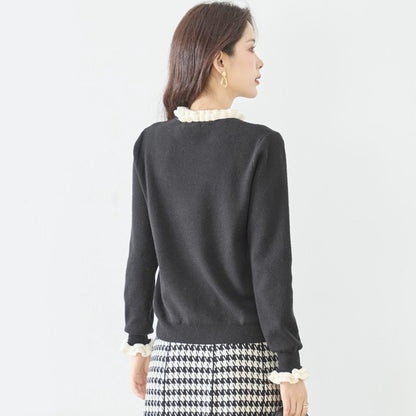 【M〜L】異素材フリルネックニットプルオーバー｜柔らかレーヨン混・上品フリルデザイン｜長袖トップス・N12-953