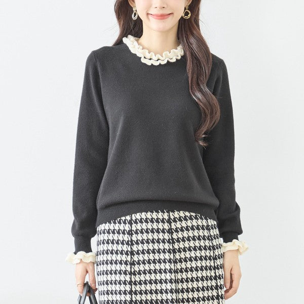 【M〜L】異素材フリルネックニットプルオーバー｜柔らかレーヨン混・上品フリルデザイン｜長袖トップス・N12-953