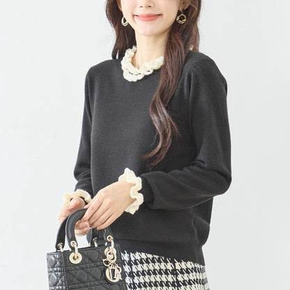 【M〜L】異素材フリルネックニットプルオーバー｜柔らかレーヨン混・上品フリルデザイン｜長袖トップス・N12-953