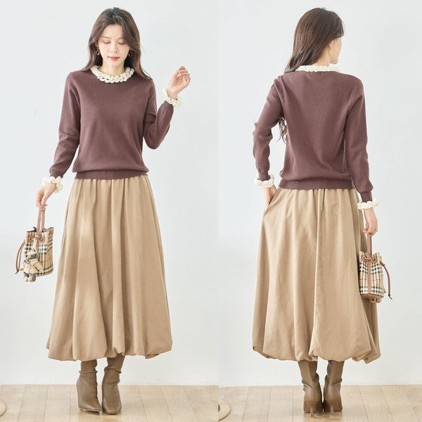 【M〜L】異素材フリルネックニットプルオーバー｜柔らかレーヨン混・上品フリルデザイン｜長袖トップス・N12-953