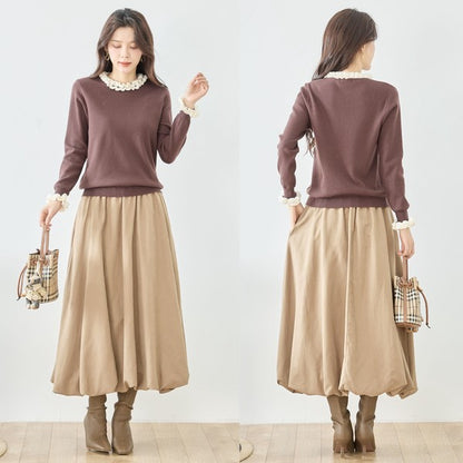 【M〜L】異素材フリルネックニットプルオーバー｜柔らかレーヨン混・上品フリルデザイン｜長袖トップス・N12-953