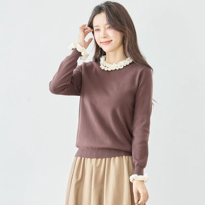 【M〜L】異素材フリルネックニットプルオーバー｜柔らかレーヨン混・上品フリルデザイン｜長袖トップス・N12-953