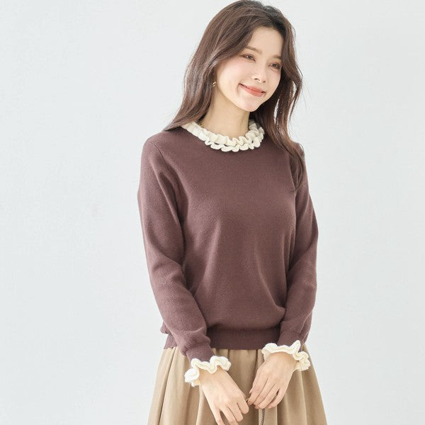 【M〜L】異素材フリルネックニットプルオーバー｜柔らかレーヨン混・上品フリルデザイン｜長袖トップス・N12-953