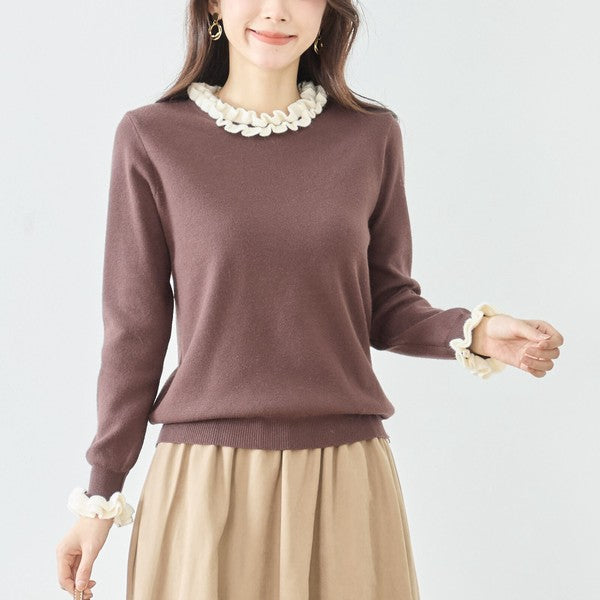 【M〜L】異素材フリルネックニットプルオーバー｜柔らかレーヨン混・上品フリルデザイン｜長袖トップス・N12-953