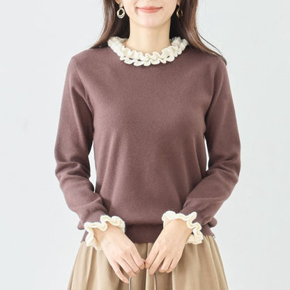 【M〜L】異素材フリルネックニットプルオーバー｜柔らかレーヨン混・上品フリルデザイン｜長袖トップス・N12-953