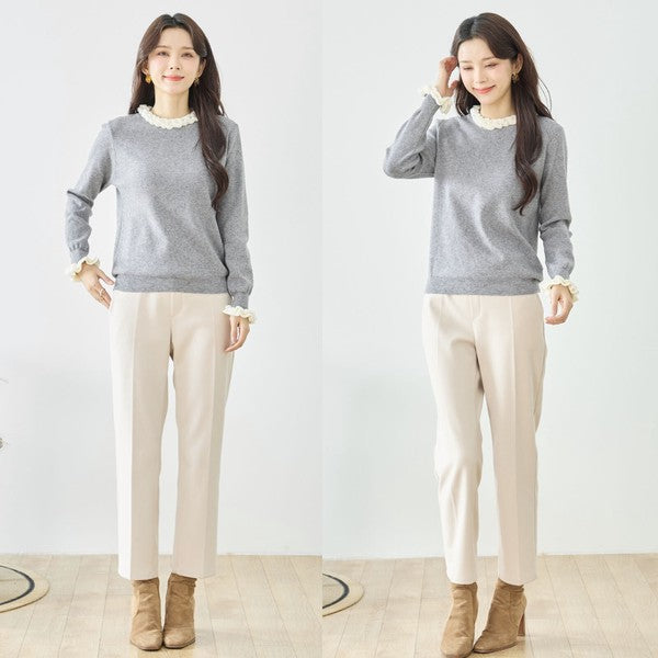 【M〜L】異素材フリルネックニットプルオーバー｜柔らかレーヨン混・上品フリルデザイン｜長袖トップス・N12-953