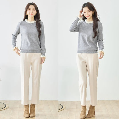 【M〜L】異素材フリルネックニットプルオーバー｜柔らかレーヨン混・上品フリルデザイン｜長袖トップス・N12-953