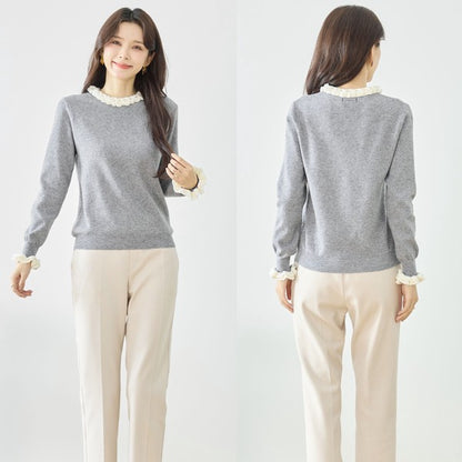 【M〜L】異素材フリルネックニットプルオーバー｜柔らかレーヨン混・上品フリルデザイン｜長袖トップス・N12-953