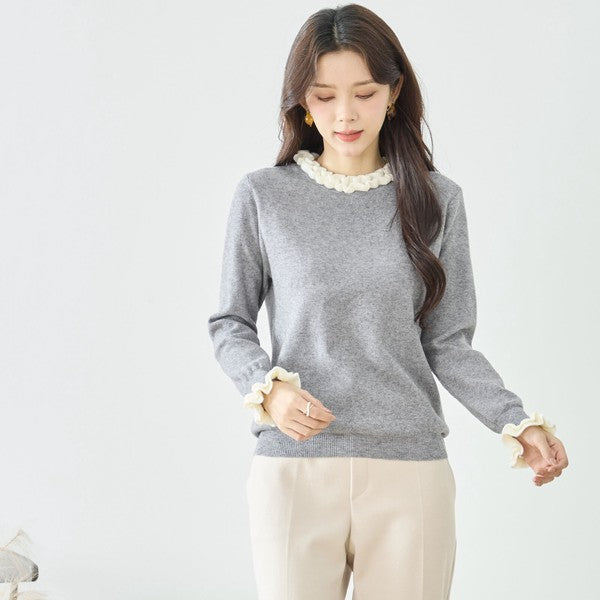 【M〜L】異素材フリルネックニットプルオーバー｜柔らかレーヨン混・上品フリルデザイン｜長袖トップス・N12-953