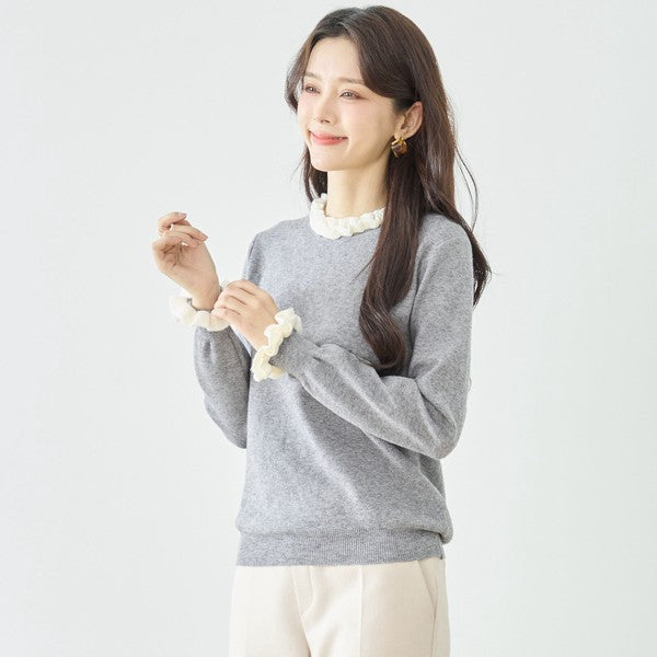 【M〜L】異素材フリルネックニットプルオーバー｜柔らかレーヨン混・上品フリルデザイン｜長袖トップス・N12-953