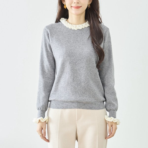 【M〜L】異素材フリルネックニットプルオーバー｜柔らかレーヨン混・上品フリルデザイン｜長袖トップス・N12-953