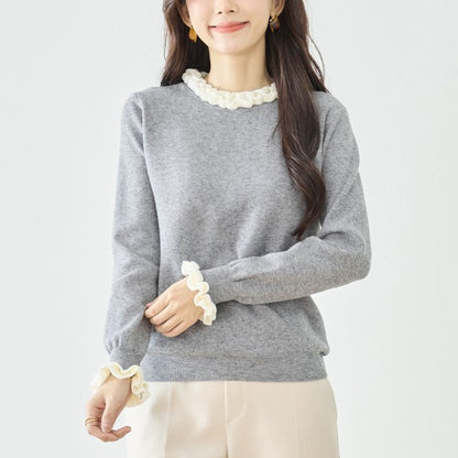 【M〜L】異素材フリルネックニットプルオーバー｜柔らかレーヨン混・上品フリルデザイン｜長袖トップス・N12-953