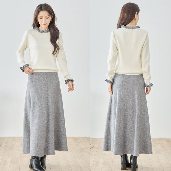 【M〜L】異素材フリルネックニットプルオーバー｜柔らかレーヨン混・上品フリルデザイン｜長袖トップス・N12-953