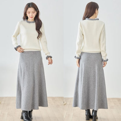 【M〜L】異素材フリルネックニットプルオーバー｜柔らかレーヨン混・上品フリルデザイン｜長袖トップス・N12-953