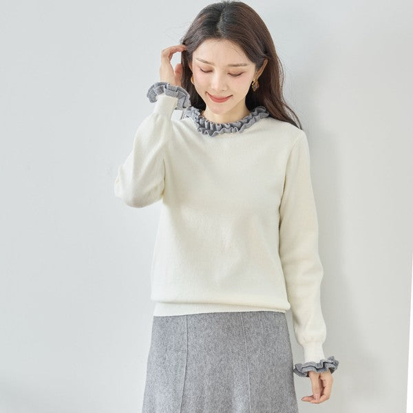 【M〜L】異素材フリルネックニットプルオーバー｜柔らかレーヨン混・上品フリルデザイン｜長袖トップス・N12-953