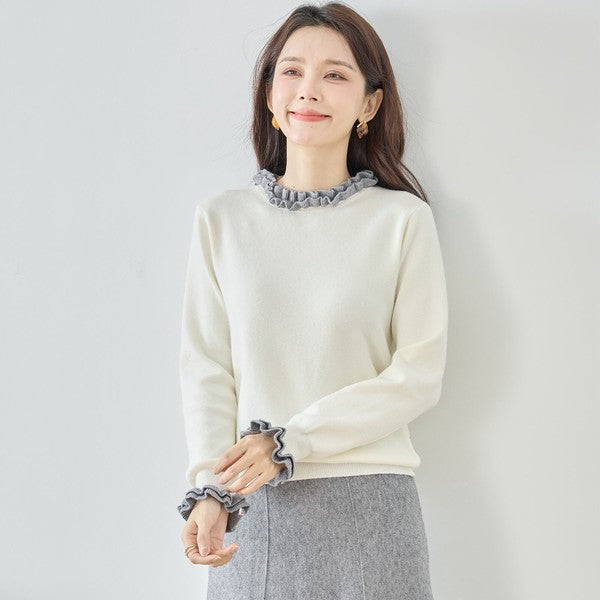 【M〜L】異素材フリルネックニットプルオーバー｜柔らかレーヨン混・上品フリルデザイン｜長袖トップス・N12-953