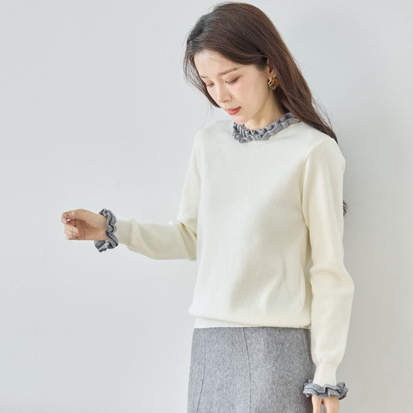 【M〜L】異素材フリルネックニットプルオーバー｜柔らかレーヨン混・上品フリルデザイン｜長袖トップス・N12-953