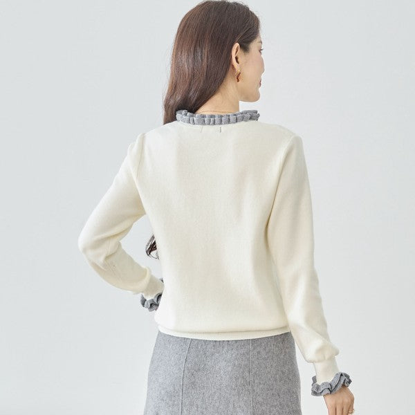 【M〜L】異素材フリルネックニットプルオーバー｜柔らかレーヨン混・上品フリルデザイン｜長袖トップス・N12-953