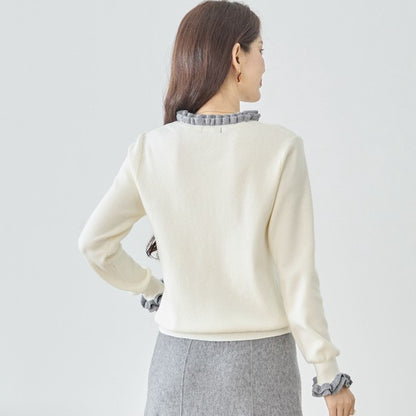 【M〜L】異素材フリルネックニットプルオーバー｜柔らかレーヨン混・上品フリルデザイン｜長袖トップス・N12-953