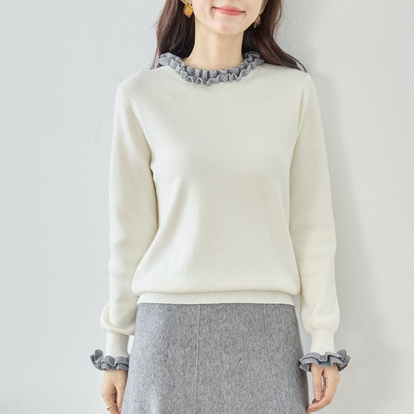 【M〜L】異素材フリルネックニットプルオーバー｜柔らかレーヨン混・上品フリルデザイン｜長袖トップス・N12-953