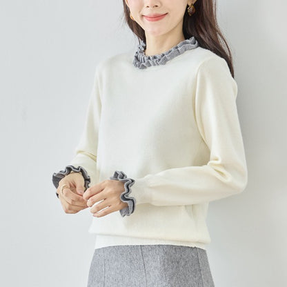 【M〜L】異素材フリルネックニットプルオーバー｜柔らかレーヨン混・上品フリルデザイン｜長袖トップス・N12-953