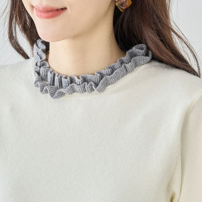 【M〜L】異素材フリルネックニットプルオーバー｜柔らかレーヨン混・上品フリルデザイン｜長袖トップス・N12-953