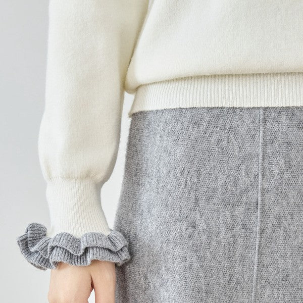 【M〜L】異素材フリルネックニットプルオーバー｜柔らかレーヨン混・上品フリルデザイン｜長袖トップス・N12-953