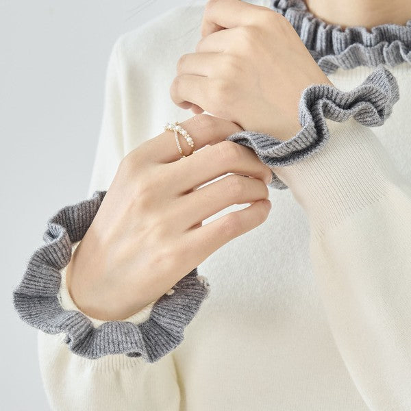 【M〜L】異素材フリルネックニットプルオーバー｜柔らかレーヨン混・上品フリルデザイン｜長袖トップス・N12-953