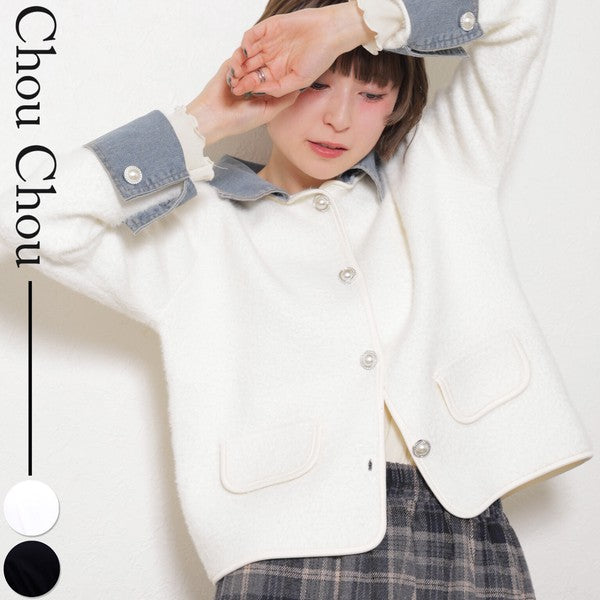 【M～L対応】アクリル混シャギー×デニム切替ジャケット｜羽織り・大人可愛い・軽アウター chouchou｜14100888