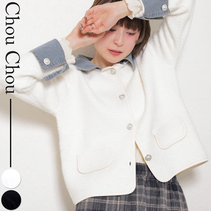 【M～L対応】アクリル混シャギー×デニム切替ジャケット｜羽織り・大人可愛い・軽アウター chouchou｜14100888