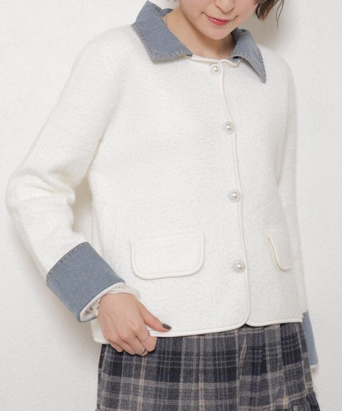 【M～L対応】アクリル混シャギー×デニム切替ジャケット｜羽織り・大人可愛い・軽アウター chouchou｜14100888
