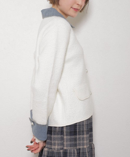 【M～L対応】アクリル混シャギー×デニム切替ジャケット｜羽織り・大人可愛い・軽アウター chouchou｜14100888