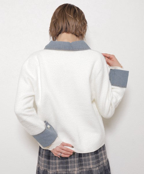 【M～L対応】アクリル混シャギー×デニム切替ジャケット｜羽織り・大人可愛い・軽アウター chouchou｜14100888