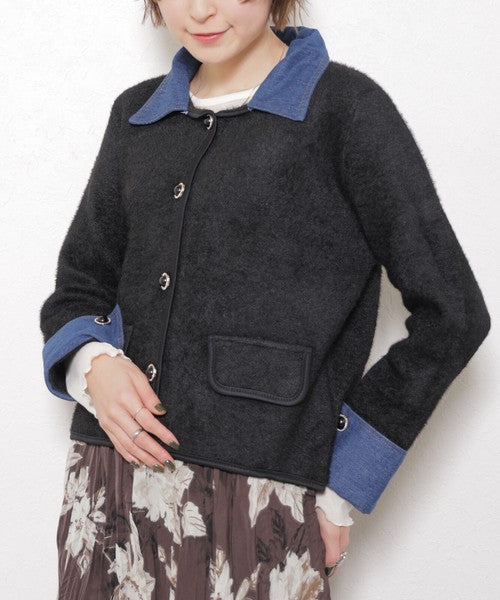 【M～L対応】アクリル混シャギー×デニム切替ジャケット｜羽織り・大人可愛い・軽アウター chouchou｜14100888
