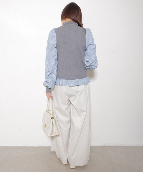 【Mサイズ】異素材切替・フリル襟ニットカーディガン｜ブラウスドッキング・長袖・きれいめ大人可愛い・14104979