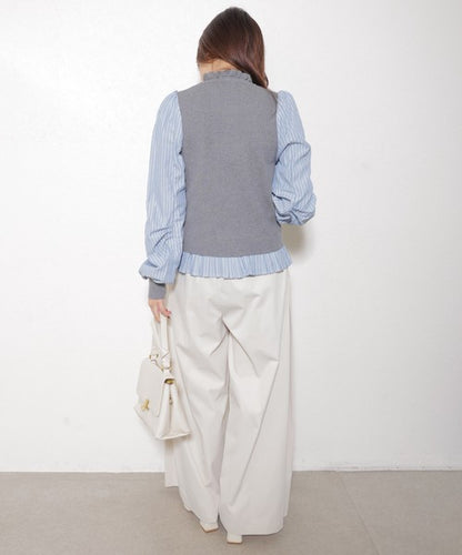 【Mサイズ】異素材切替・フリル襟ニットカーディガン｜ブラウスドッキング・長袖・きれいめ大人可愛い・14104979