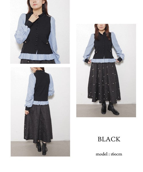 【Mサイズ】異素材切替・フリル襟ニットカーディガン｜ブラウスドッキング・長袖・きれいめ大人可愛い・14104979