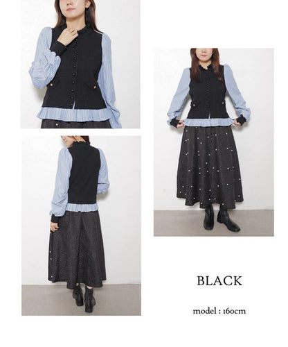 【Mサイズ】異素材切替・フリル襟ニットカーディガン｜ブラウスドッキング・長袖・きれいめ大人可愛い・14104979