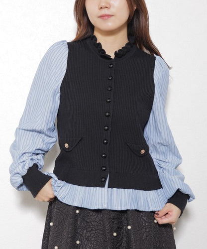 【Mサイズ】異素材切替・フリル襟ニットカーディガン｜ブラウスドッキング・長袖・きれいめ大人可愛い・14104979