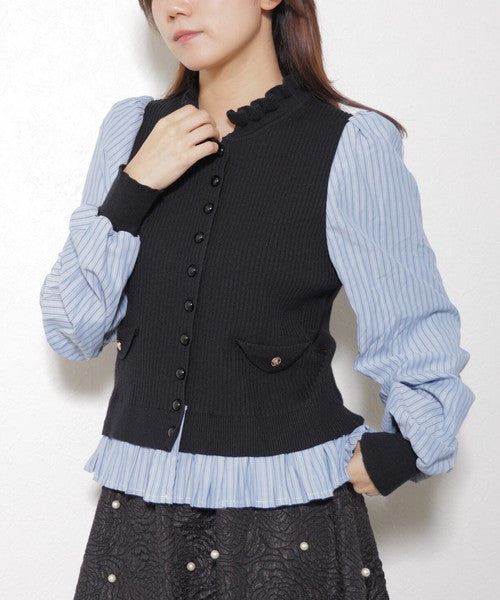 【Mサイズ】異素材切替・フリル襟ニットカーディガン｜ブラウスドッキング・長袖・きれいめ大人可愛い・14104979