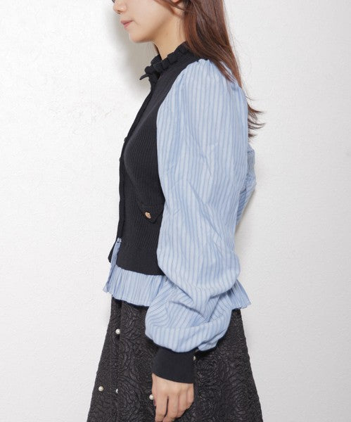 【Mサイズ】異素材切替・フリル襟ニットカーディガン｜ブラウスドッキング・長袖・きれいめ大人可愛い・14104979