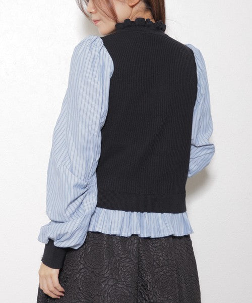 【Mサイズ】異素材切替・フリル襟ニットカーディガン｜ブラウスドッキング・長袖・きれいめ大人可愛い・14104979