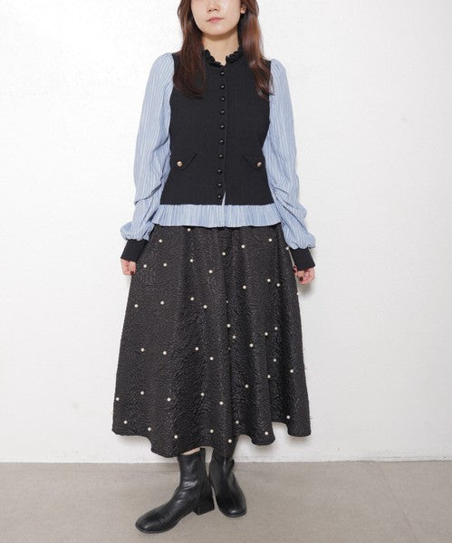 【Mサイズ】異素材切替・フリル襟ニットカーディガン｜ブラウスドッキング・長袖・きれいめ大人可愛い・14104979