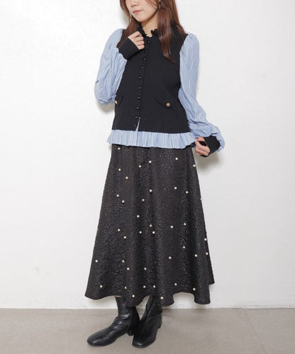 【Mサイズ】異素材切替・フリル襟ニットカーディガン｜ブラウスドッキング・長袖・きれいめ大人可愛い・14104979