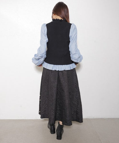 【Mサイズ】異素材切替・フリル襟ニットカーディガン｜ブラウスドッキング・長袖・きれいめ大人可愛い・14104979