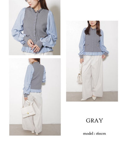 【Mサイズ】異素材切替・フリル襟ニットカーディガン｜ブラウスドッキング・長袖・きれいめ大人可愛い・14104979