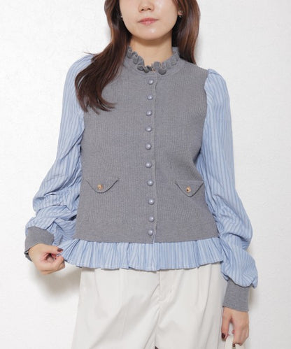 【Mサイズ】異素材切替・フリル襟ニットカーディガン｜ブラウスドッキング・長袖・きれいめ大人可愛い・14104979