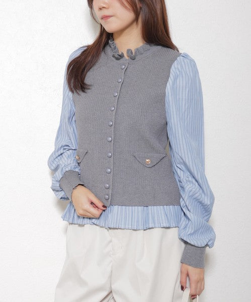 【Mサイズ】異素材切替・フリル襟ニットカーディガン｜ブラウスドッキング・長袖・きれいめ大人可愛い・14104979