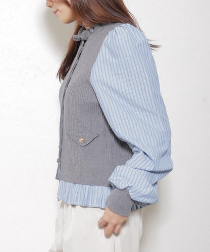 【Mサイズ】異素材切替・フリル襟ニットカーディガン｜ブラウスドッキング・長袖・きれいめ大人可愛い・14104979