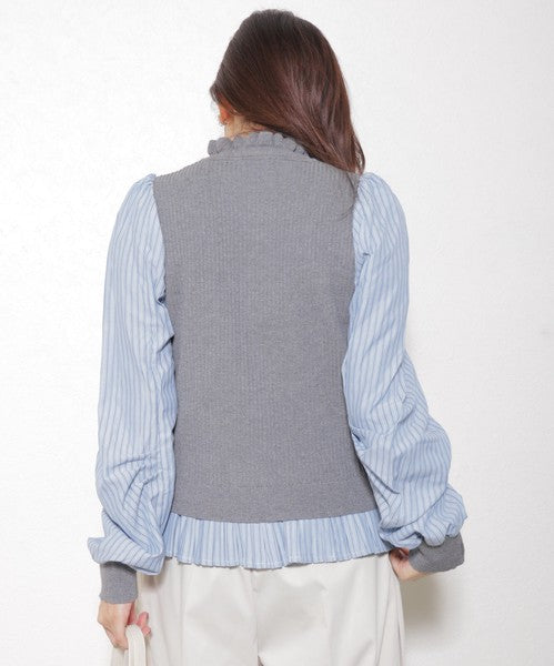 【Mサイズ】異素材切替・フリル襟ニットカーディガン｜ブラウスドッキング・長袖・きれいめ大人可愛い・14104979